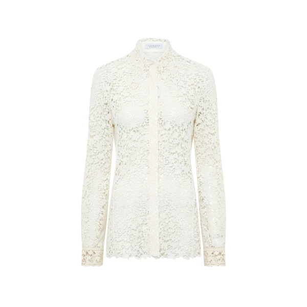 Vera Shirt in Ivory Floral Cashmere Lace with Suede Lace Cuffs