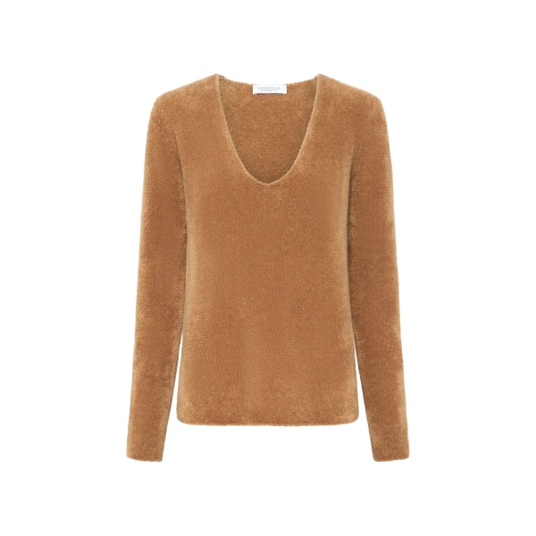 Ward Knit V-Neck Sweater in Mid Camel Silk