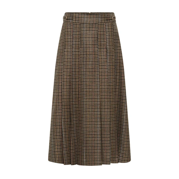 Wesley Pleated Skirt in Camel Multi Wool Silk Houndstooth