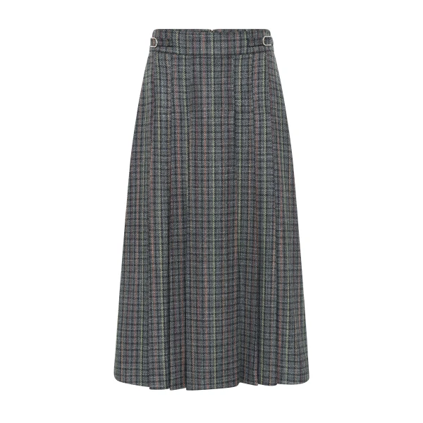 Wesley Pleated Skirt in Charcoal Multi Wool Silk Houndstooth