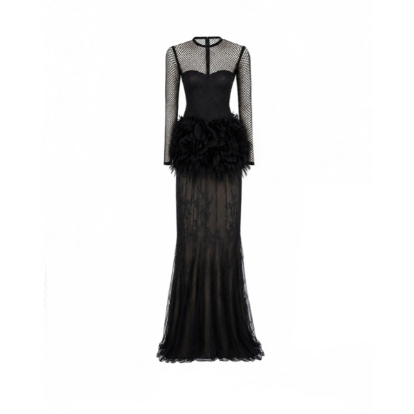 Gemy Maalouf Feathered Hip Lace Dress