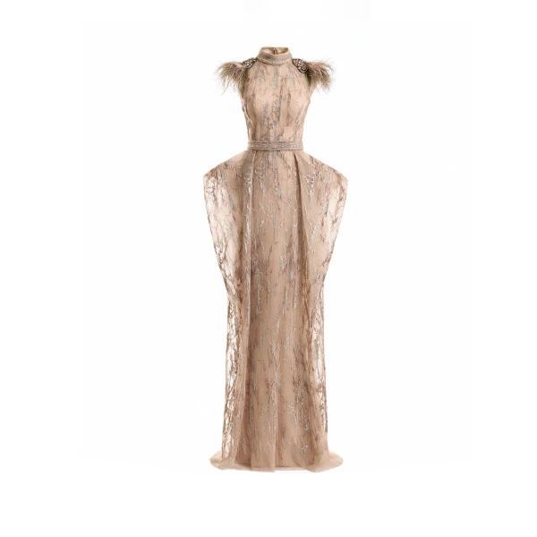 Feathered Shoulder Hip-Panel Dress