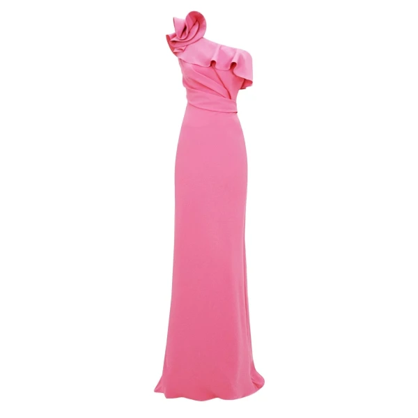 One-Shoulder Ruffled Neckline Candy Pink Dress