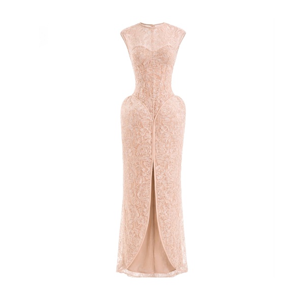 Gemy Maalouf Sculpted Lace Dress with Sheer Bodice