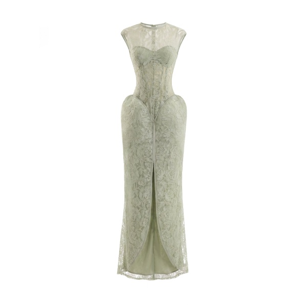 Gemy Maalouf Sculpted Lace Dress with Sheer Bodice