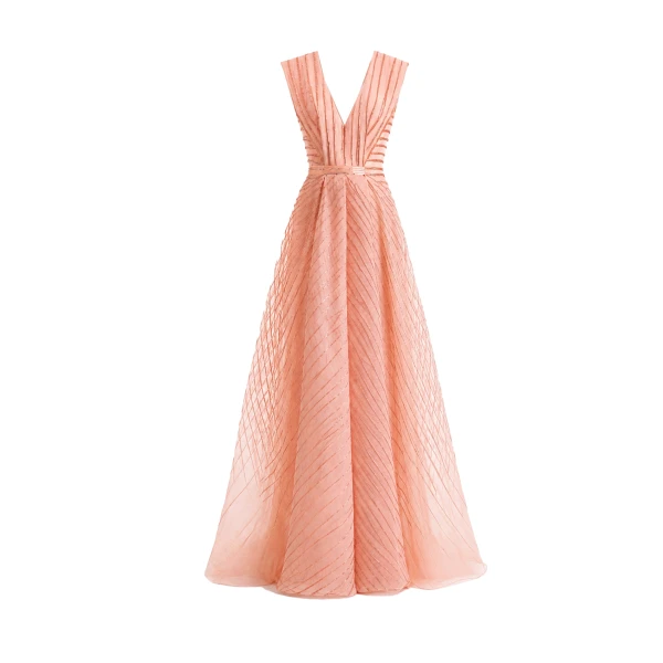 V-Neck Devoré Striped Organza Dress