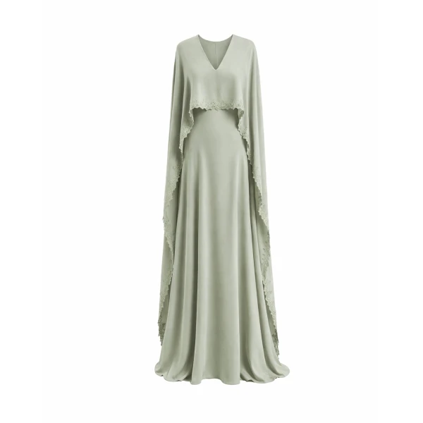 V-Neck Dress with Embroidered Cape