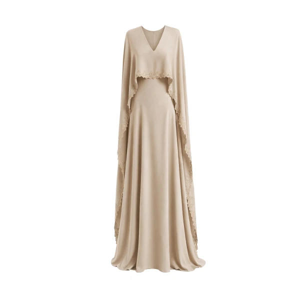 V-Neck Dress with Embroidered Cape