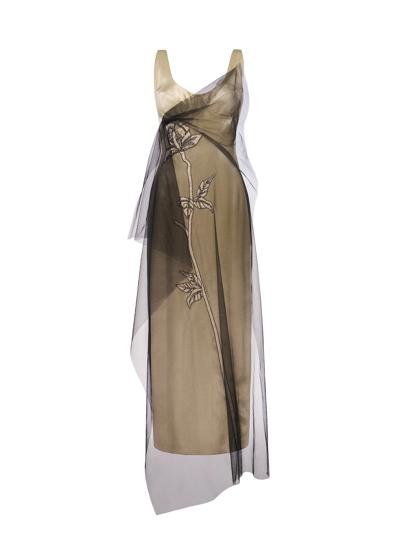 Blakely Dress in Champagne Satin Embellished Tulle