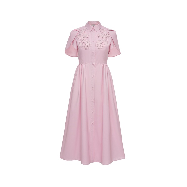 Dries Van Noten Francesca Midi Dress in Pink Embroidered Cotton