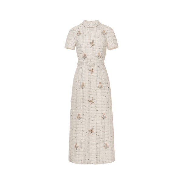 Dries Van Noten Genevieve Midi Dress in White Tweed