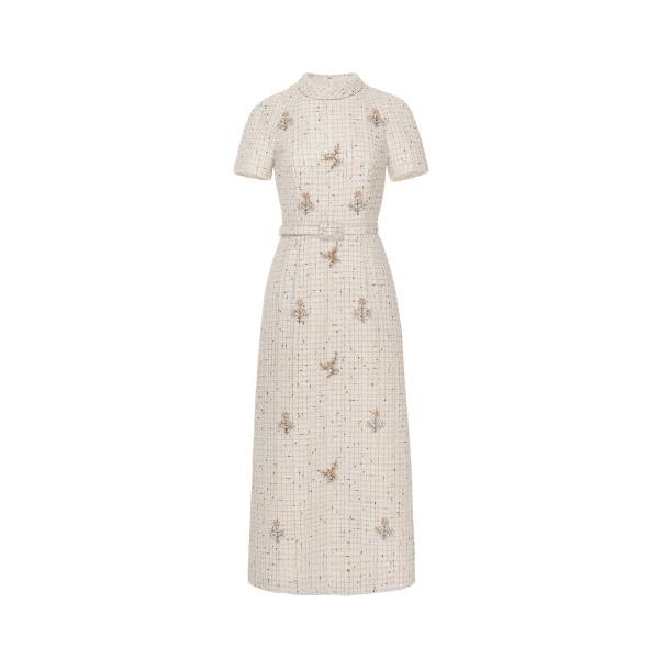 Dries Van Noten Genevieve Midi Dress in White Tweed