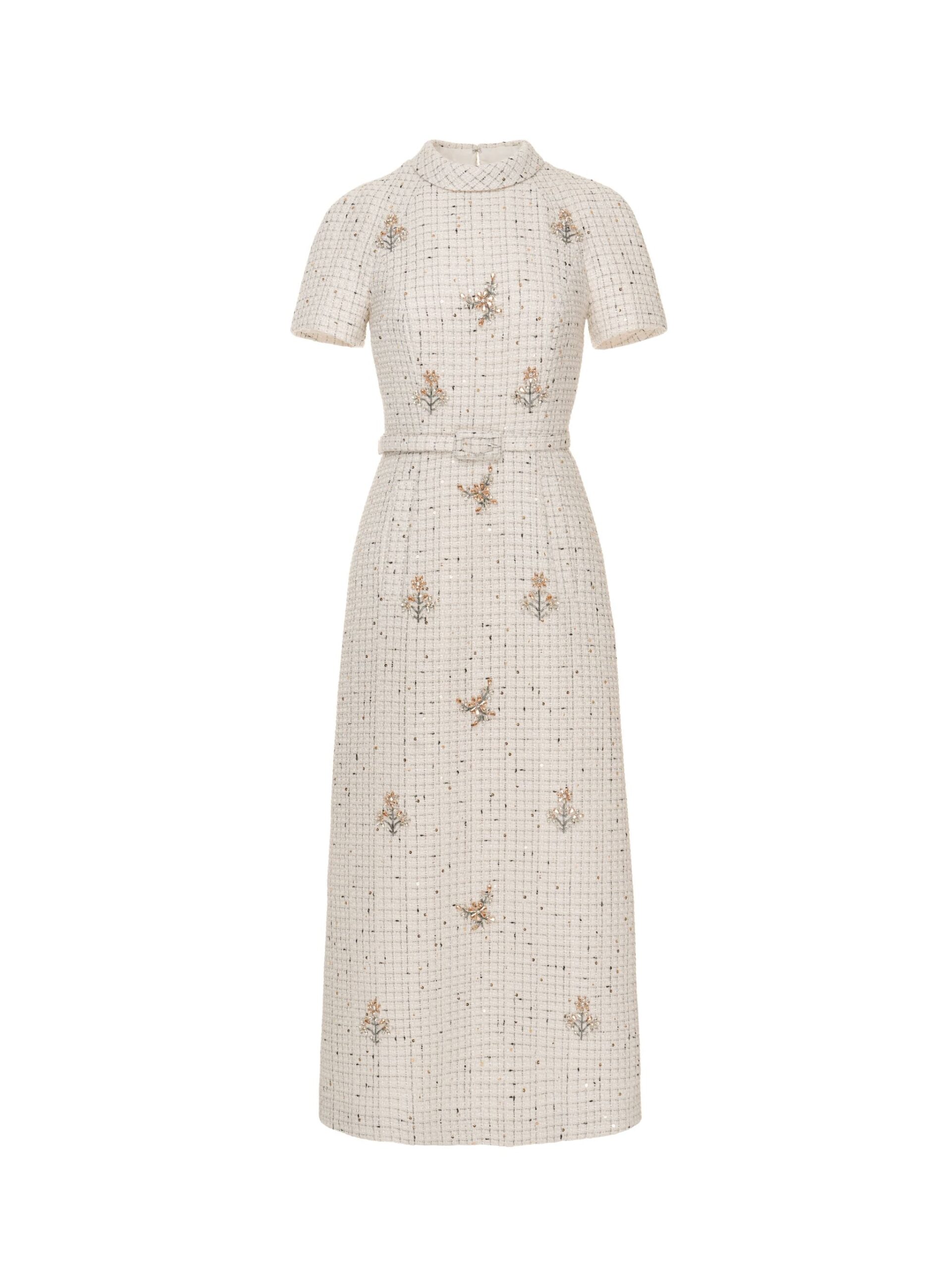 Dries Van Noten Genevieve Midi Dress in White Tweed | Midi Dresses | Coveti Dries Van Noten Genevieve Midi Dress in White Tweed