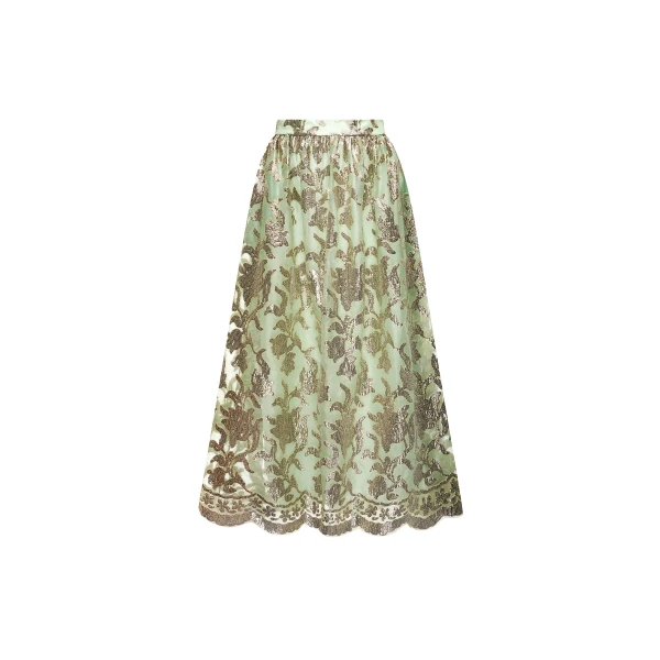 Dries Van Noten Lana Midi Skirt in Green Gold Embellished Organza