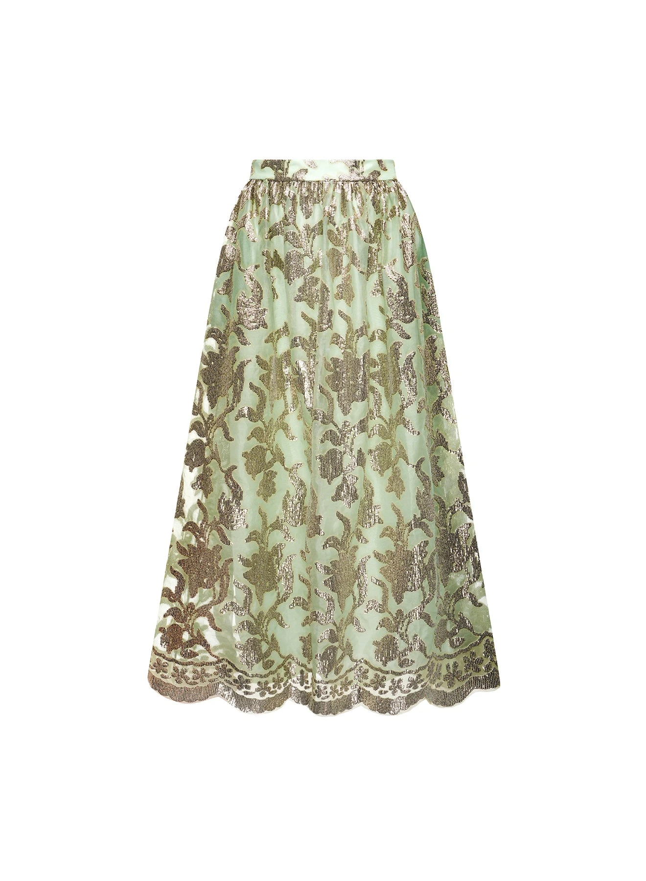 Dries Van Noten Lana Midi Skirt in Green Gold Embellished Organza | | Coveti Dries Van Noten Lana Midi Skirt in Green Gold Embellished Organza