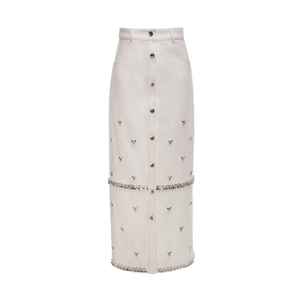 Dries Van Noten Levi Skirt in White Embellished Denim