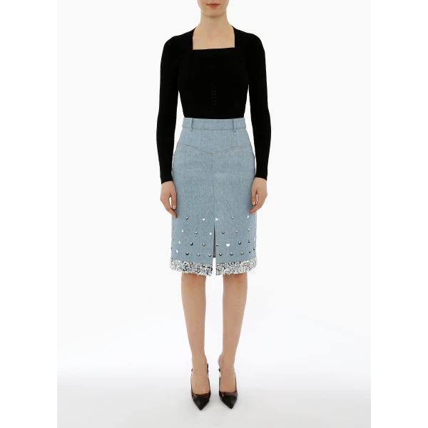 Margaret Skirt in Stonewash Blue Embellished Denim - Image 2