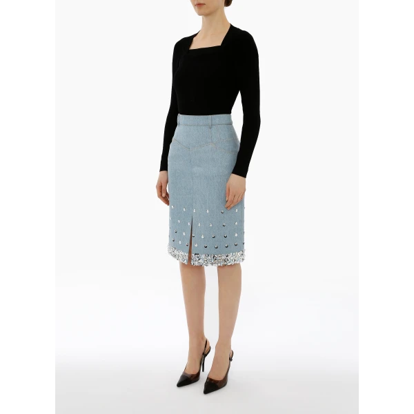 Margaret Skirt in Stonewash Blue Embellished Denim - Image 3