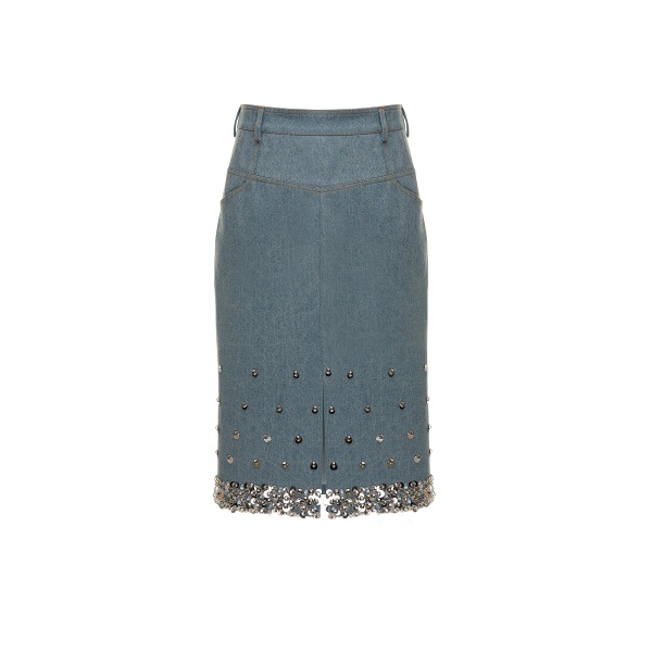 Dries Van Noten Margaret Skirt in Stonewash Blue Embellished Denim