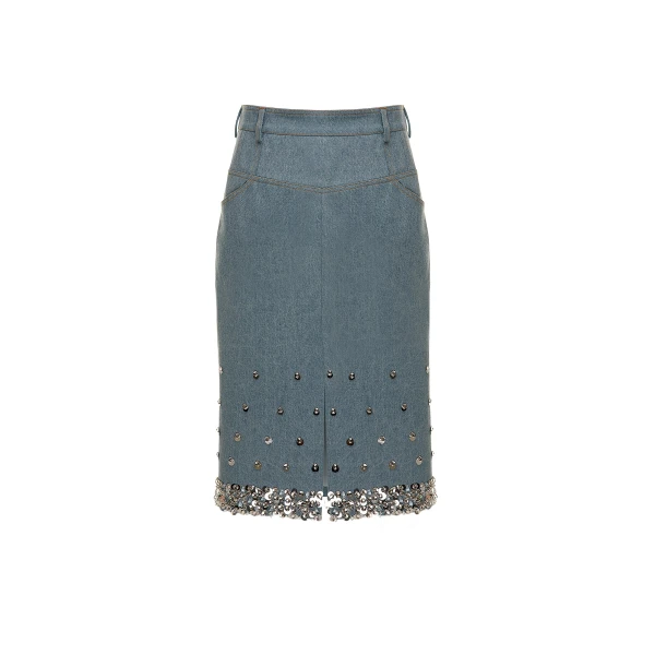 Margaret Skirt in Stonewash Blue Embellished Denim