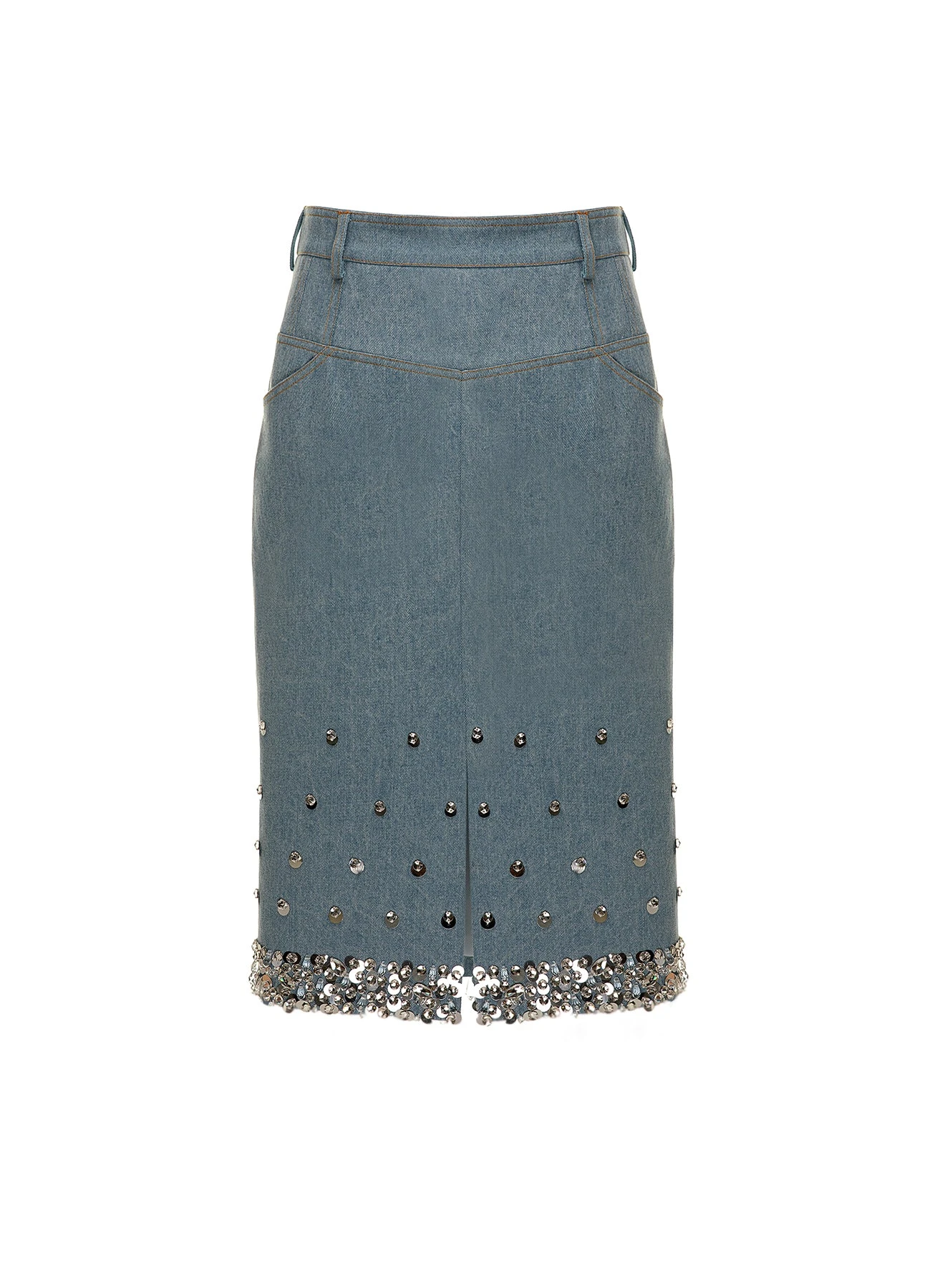 Dries Van Noten Margaret Skirt in Stonewash Blue Embellished Denim | | Coveti Dries Van Noten Margaret Skirt in Stonewash Blue Embellished Denim