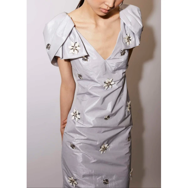 Rosella Dress in Pale Blue Metallic Embellished Taffeta - Image 3
