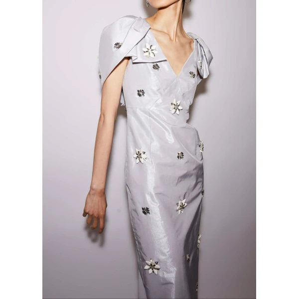 Rosella Dress in Pale Blue Metallic Embellished Taffeta - Image 4
