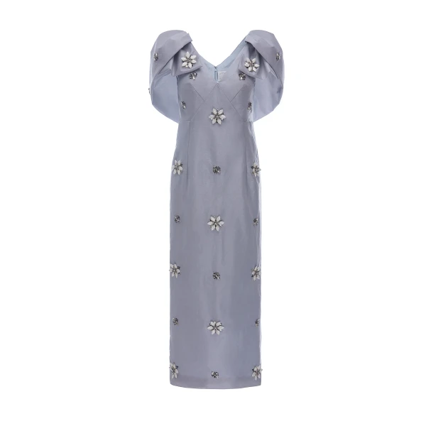 Rosella Dress in Pale Blue Metallic Embellished Taffeta