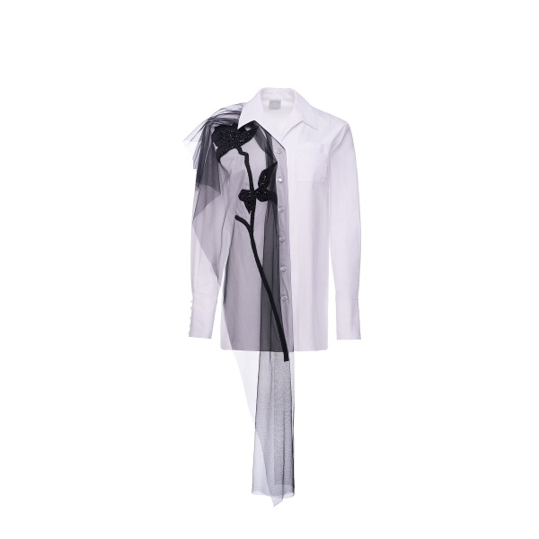 Dries Van Noten Thelma Shirt in White Cotton Embroidered Tulle