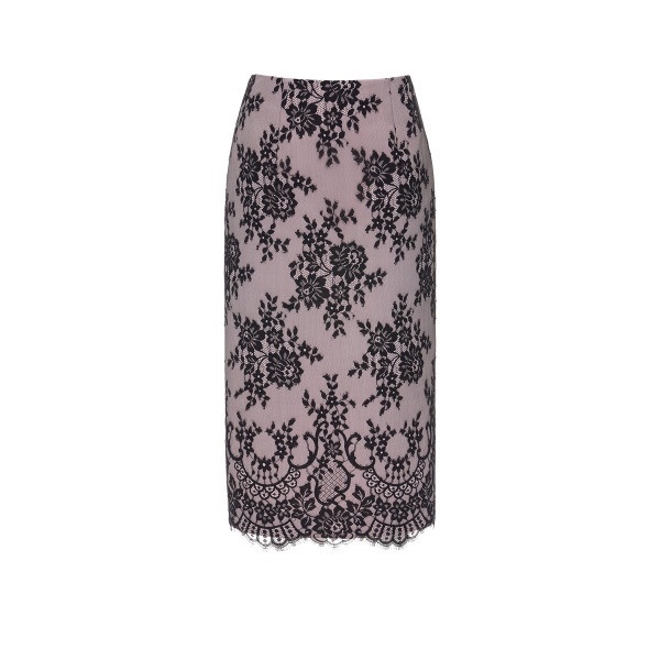 Dries Van Noten Vania Midi Skirt in Black Pale Pink Lace Duchesse