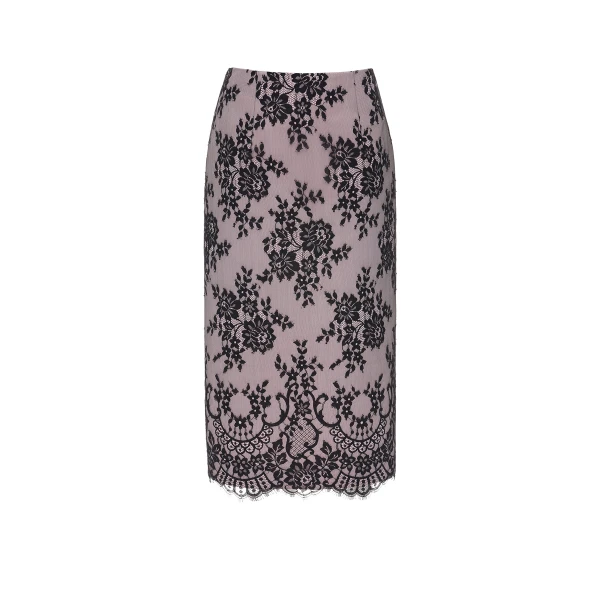 Vania Midi Skirt in Black Pale Pink Lace Duchesse