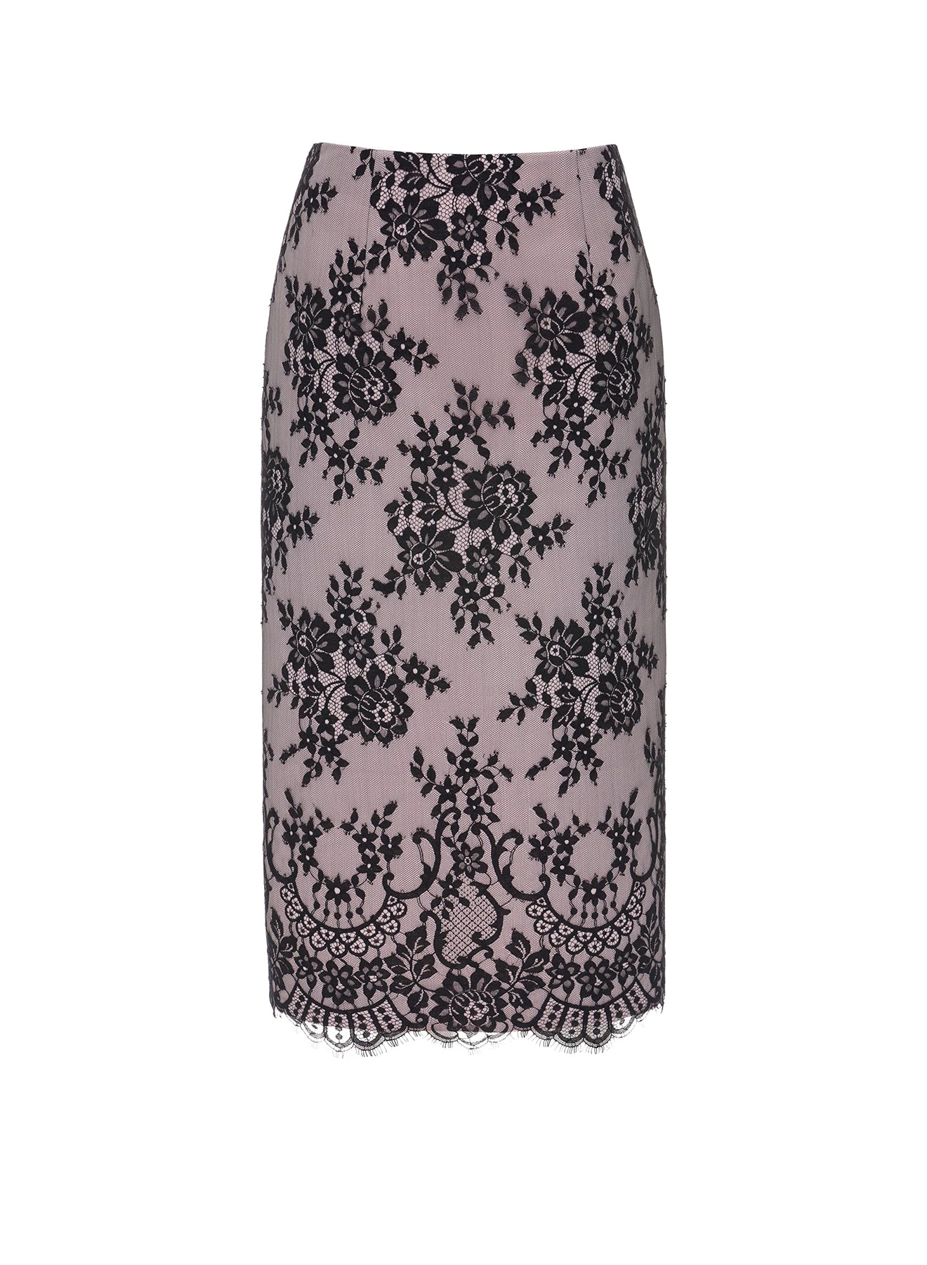 Dries Van Noten Vania Midi Skirt in Black Pale Pink Lace Duchesse | | Coveti Dries Van Noten Vania Midi Skirt in Black Pale Pink Lace Duchesse