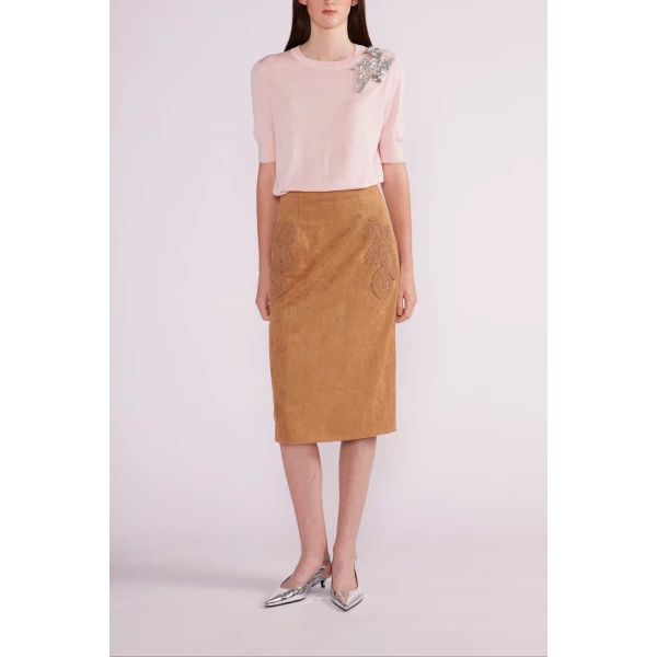 Vania Midi Skirt in Brown Suede - Image 3