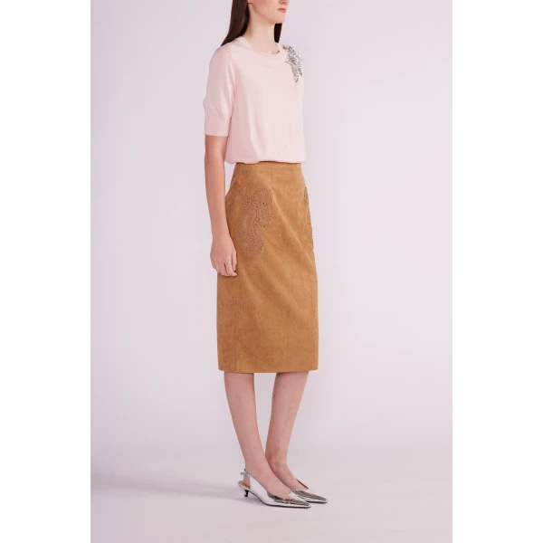Vania Midi Skirt in Brown Suede - Image 4