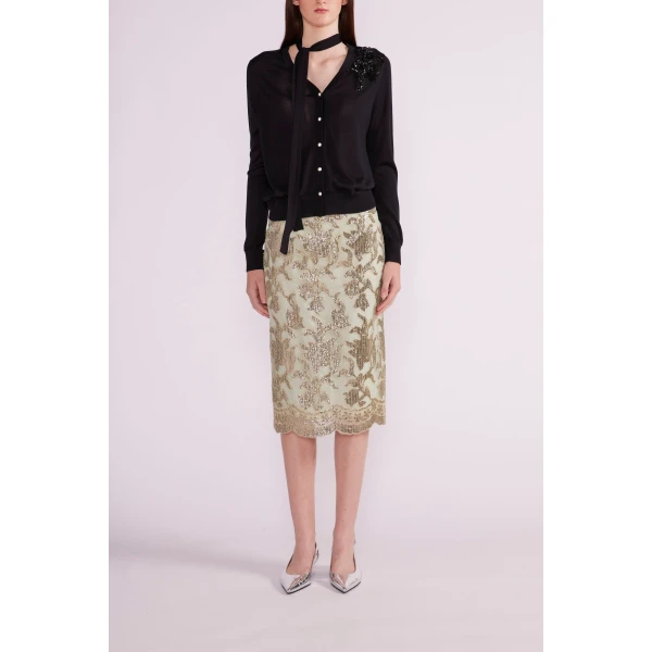 Vania Midi Skirt in Green Gold Embellished Organza - Image 3