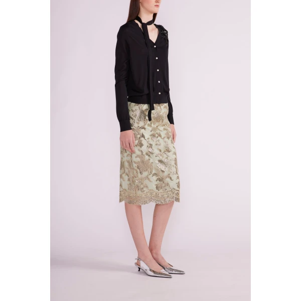Vania Midi Skirt in Green Gold Embellished Organza - Image 4