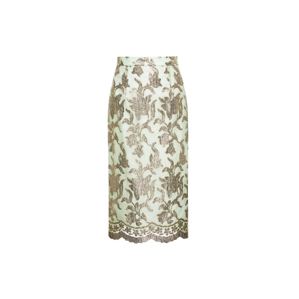 Dries Van Noten Vania Midi Skirt in Green Gold Embellished Organza