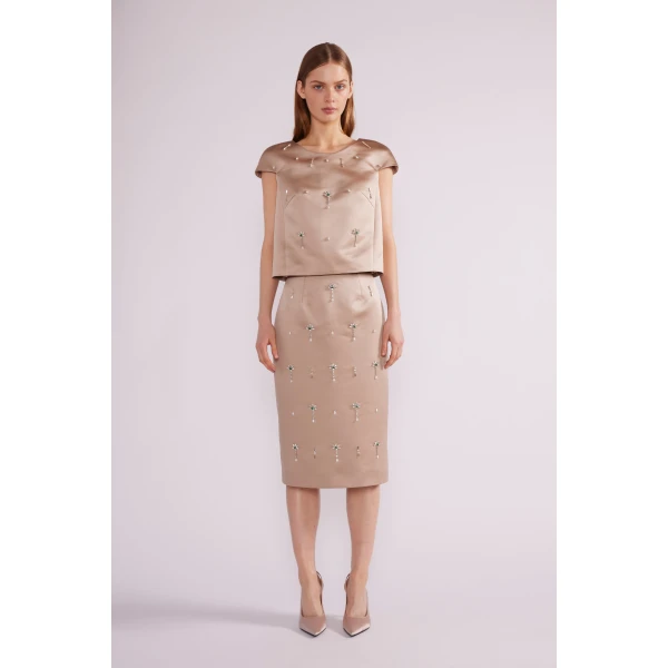 Vania Midi Skirt in Pale Brown Duchesse - Image 3
