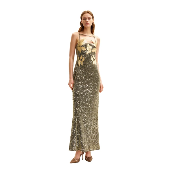 Araminta Sequined Gown with Floral Details in Gold