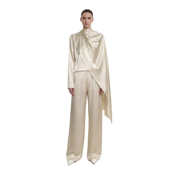 Asymmetric Drape High-Neck Cape Top in Cream