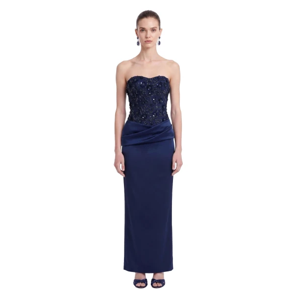 Beaded Floral Strapless Draped Satin Maxi Dress in Navy