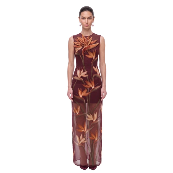 Bird of Paradise Appliqué Sheer Column Maxi Dress in Burgundy