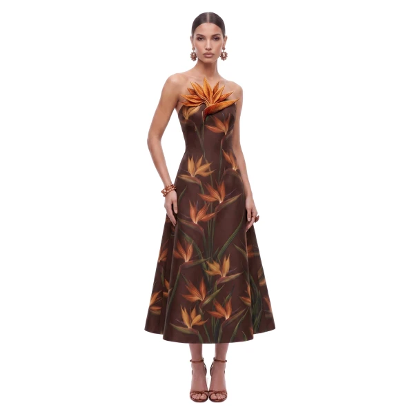 Bird of Paradise Appliqué Strapless A-Line Midi Dress in Brown