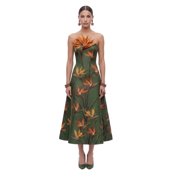 Bird of Paradise Appliqué Strapless A-Line Midi Dress in Green