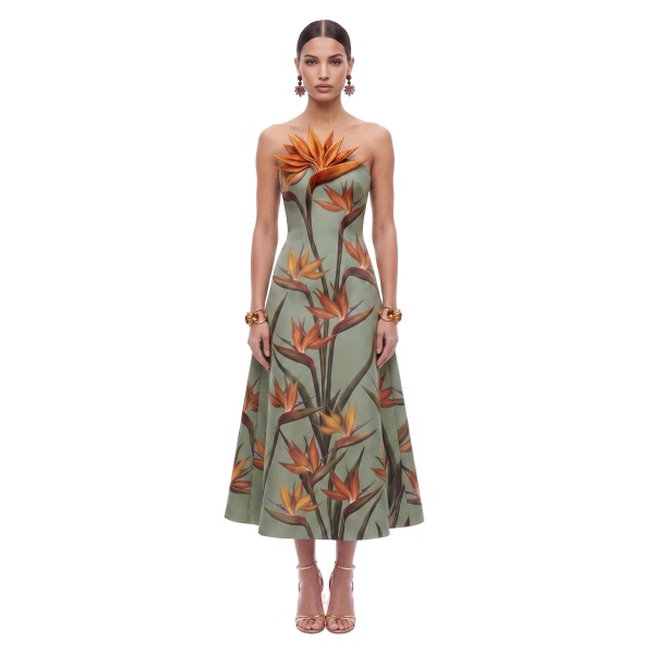 JW PEI Bird of Paradise Appliqué Strapless A-Line Midi Dress