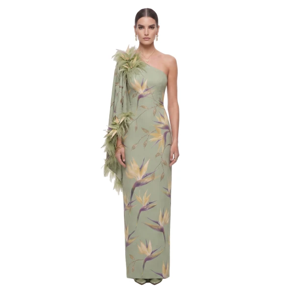 Bird of Paradise Feather-Trim One-Shoulder Maxi Dress in Green