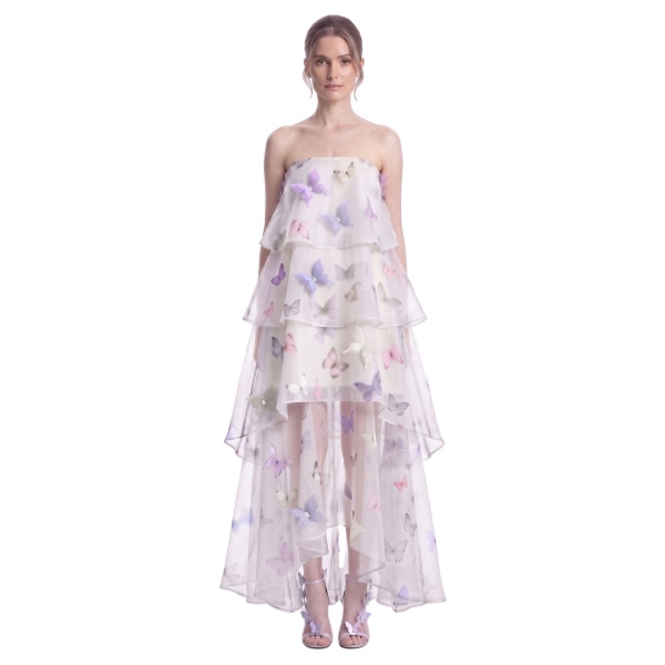 JW PEI Butterfly Appliqué Tiered Strapless High-Low Dress