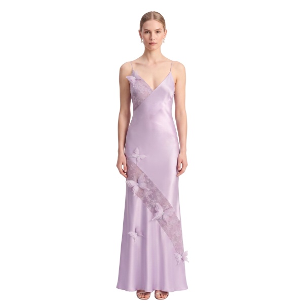 JW PEI Butterfly Lace Panel Satin Slip Maxi Dress