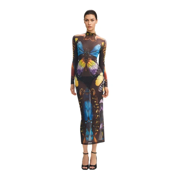 Butterfly Mesh Maxi Dress in Multicolor