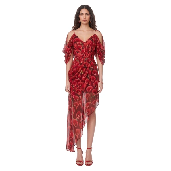 Calla Lily Draped Cold-Shoulder Asymmetric Midi Dress in Red
